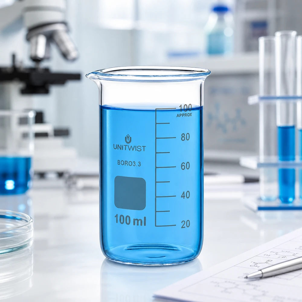 UNITWIST laboratoriebägare, 100 ml, hög modell, borosilikatglas med blå vätska i laboratoriet