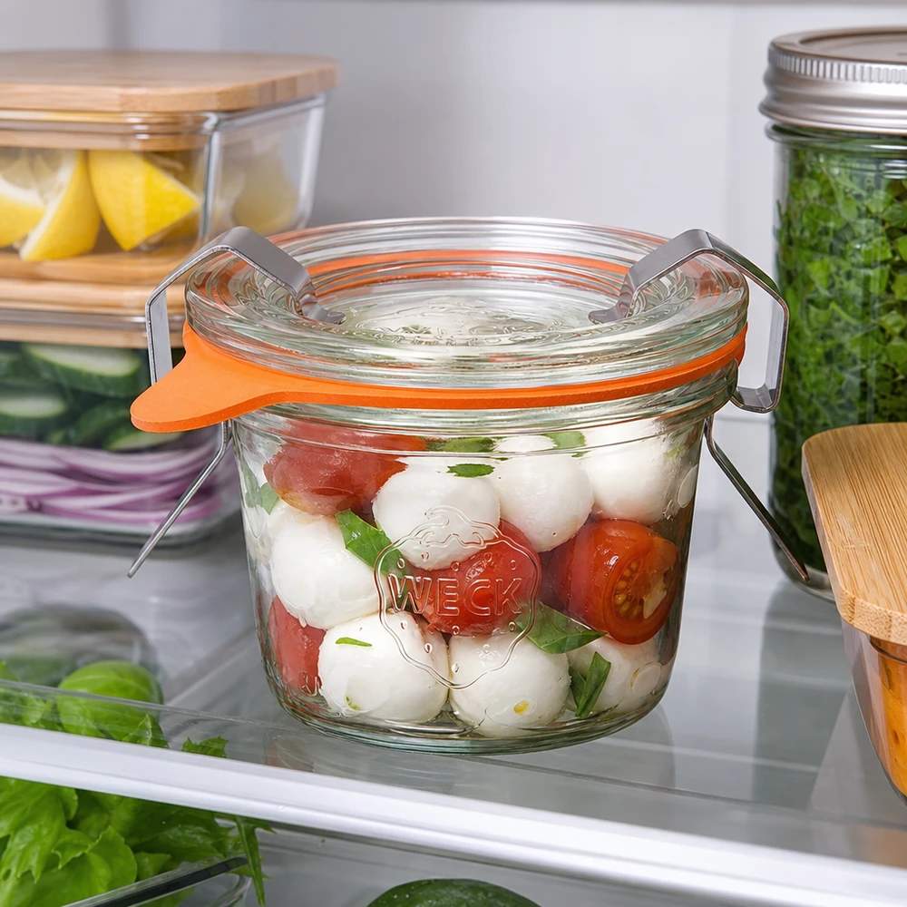 35ml Krossade glasögon komplett WECK RR40 WECK 35ml RR40 glasburk fylld med Caprese-sallad i kylskåpet visar praktisk förvaring av färsk mat
