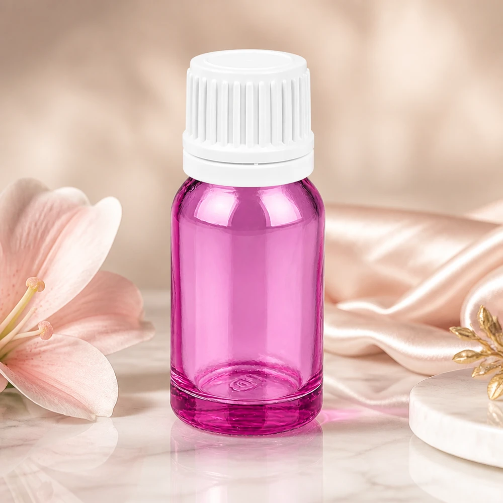 Kompakt 10 ml glasflaska i elegant violett med vitt lock för skönhet och välbefinnande
