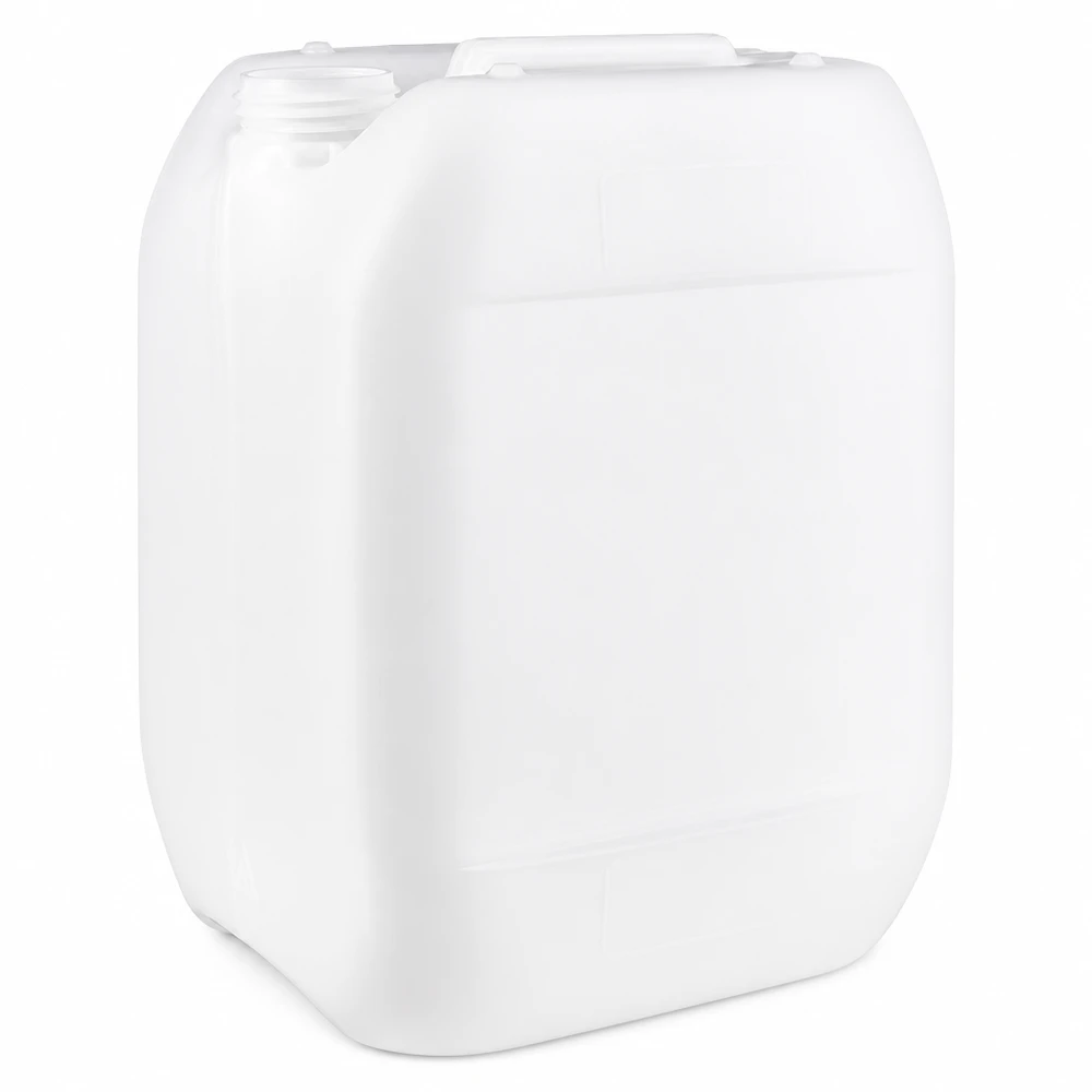 Vit plastdunk på 10 liter utan lock, tillverkad av HDPE, med handtagsfördjupning och skruvhals