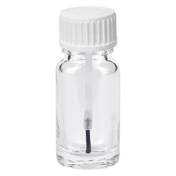 10ml borstflaska vit med standardlock ClearLine UT18/10 10 ml penselflaska i klart glas med vitt skruvlock och inbyggd penselapplikator ClearLine