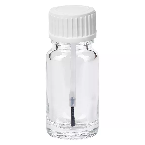 10ml borstflaska vit med standardlock ClearLine UT18/10 10 ml penselflaska i klart glas med vitt skruvlock och inbyggd penselapplikator ClearLine