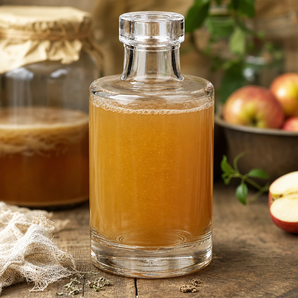 100 ml glasflaska Marie utan lock UNiTWIST® 100 ml glasflaska Marie fylld med äppeljuice bredvid färska äpplen och en rustik träkorg i en naturlig köksscen