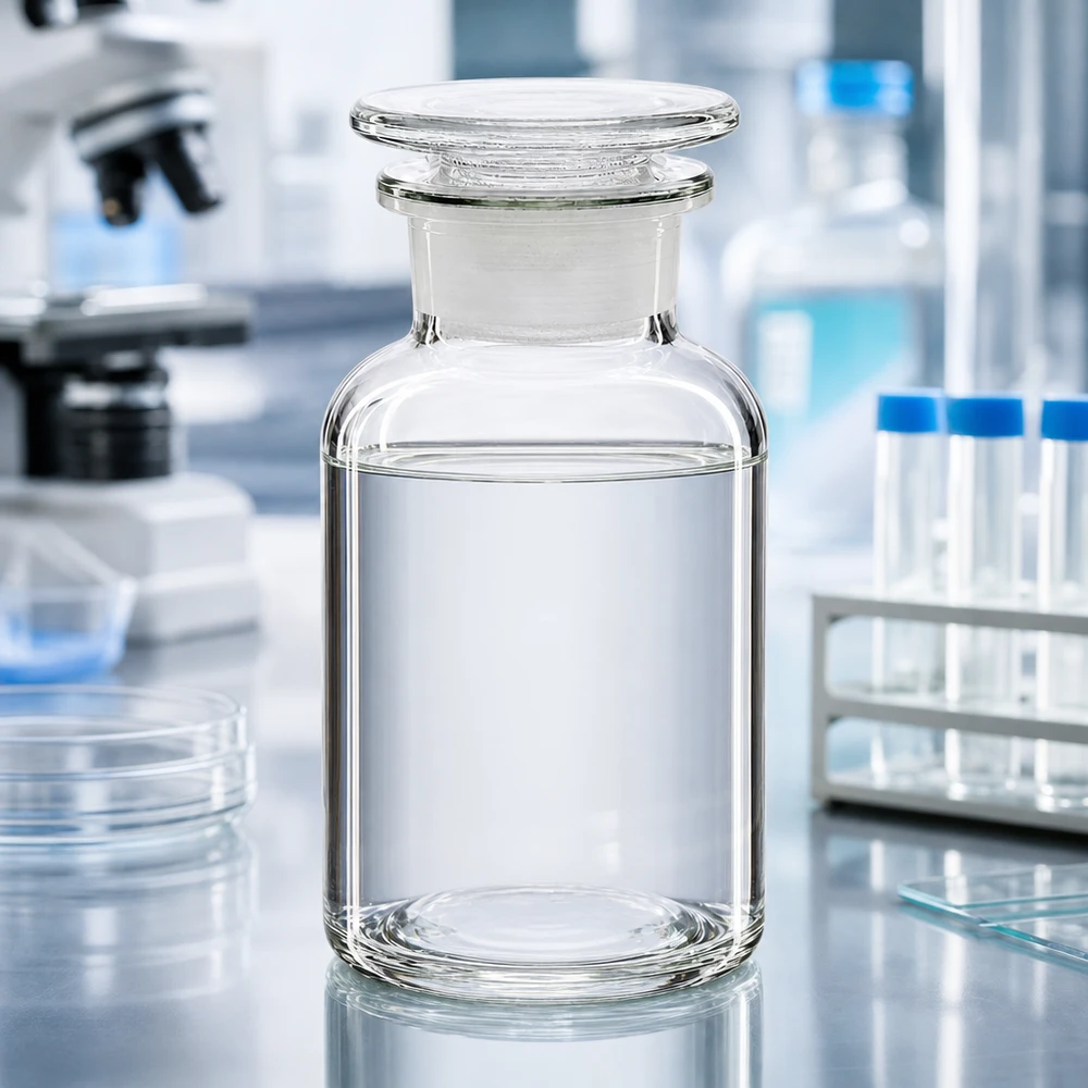 Rundskuldrad flaska, 250 ml, vid hals, klart glas med glaspropp på laboratoriebordet