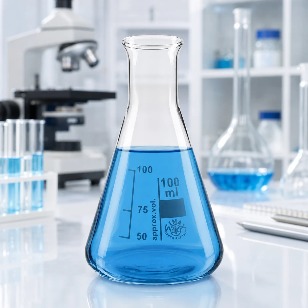 Erlenmeyerkolv 100ml smal hals Konisk Erlenmeyerkolv 100 ml med smal hals med blå vätska i en steril laboratoriemiljö