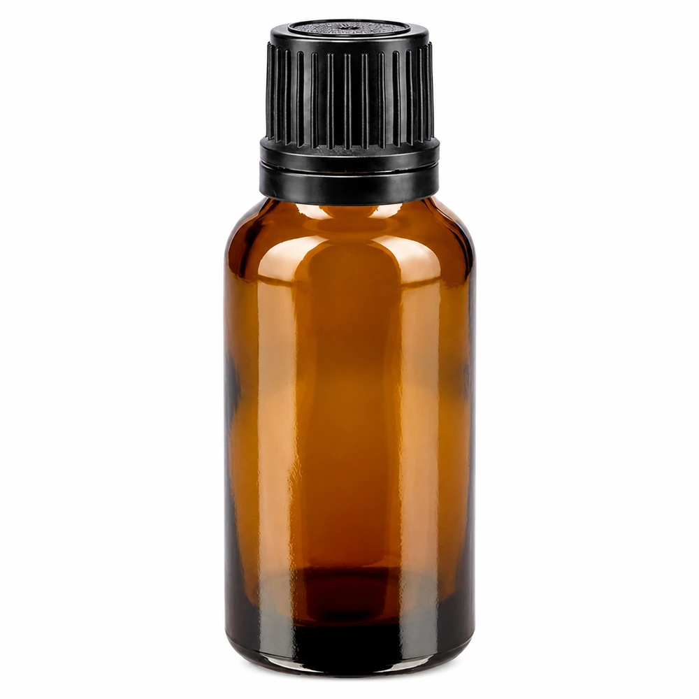 Apoteksflaska brun 20ml skruvkork svart hällring tamper-evident stängning 20 ml brun glasflaska med svart OV-lock, 8 mm, apoteksglas, tom