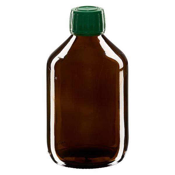 300 ml medicinflaska brun, grönt lock med säkerhetsring ApoGlas 300 ml medicinflaska brun, grönt lock med säkerhetsring ApoGlas