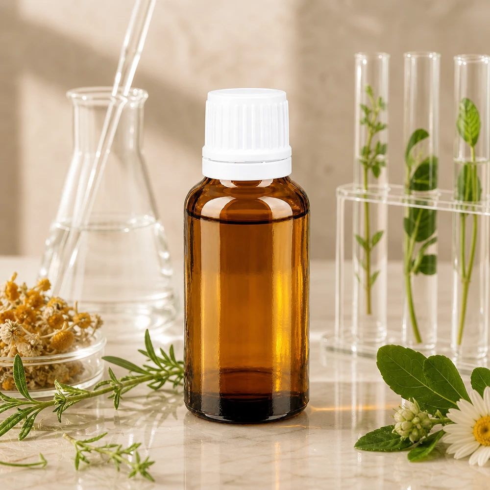 Liten 20 ml-flaska i brunt glas med vitt OV-lock, omgiven av medicinalväxter och laboratorieutrustning