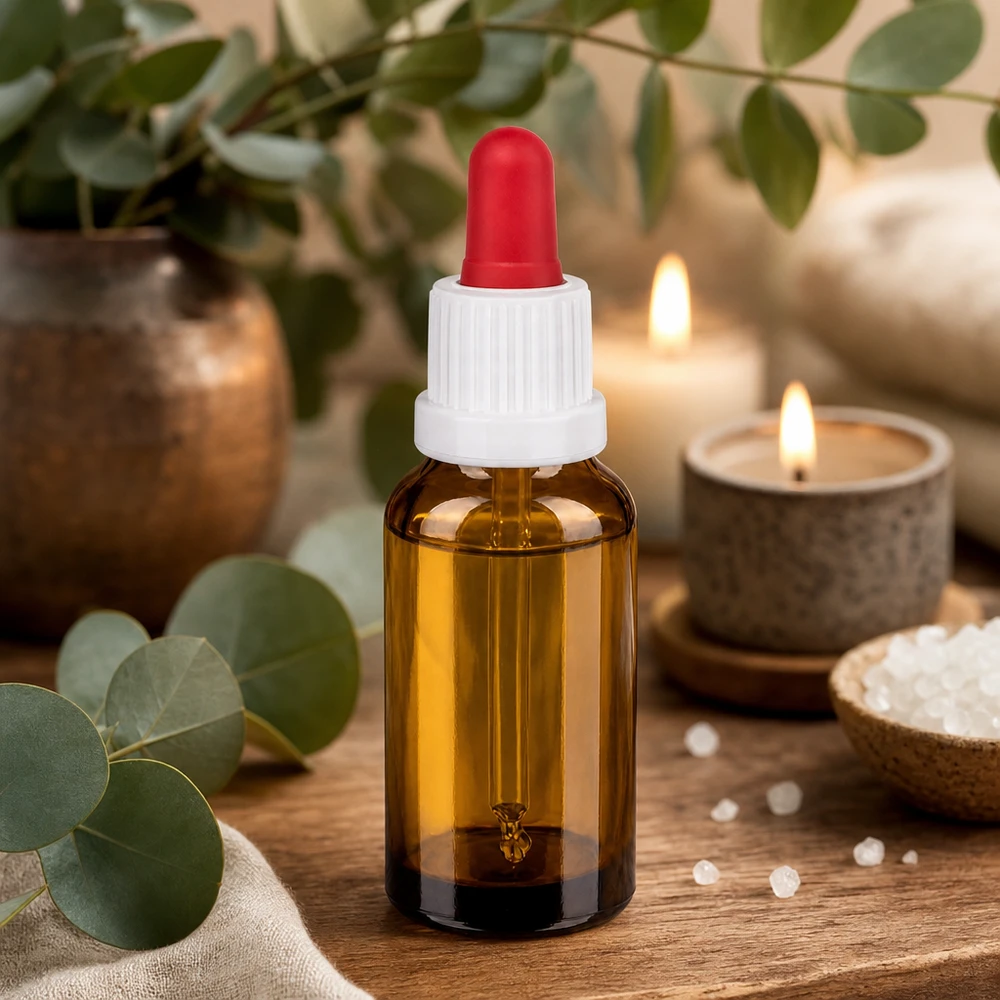 20 ml pipettflaska vit/röd med säkerhetsförslutning BrownLine UT18/20 Liten 20 ml bärnstensfärgad glasflaska med röd pipett, perfekt för eteriska oljor och serum