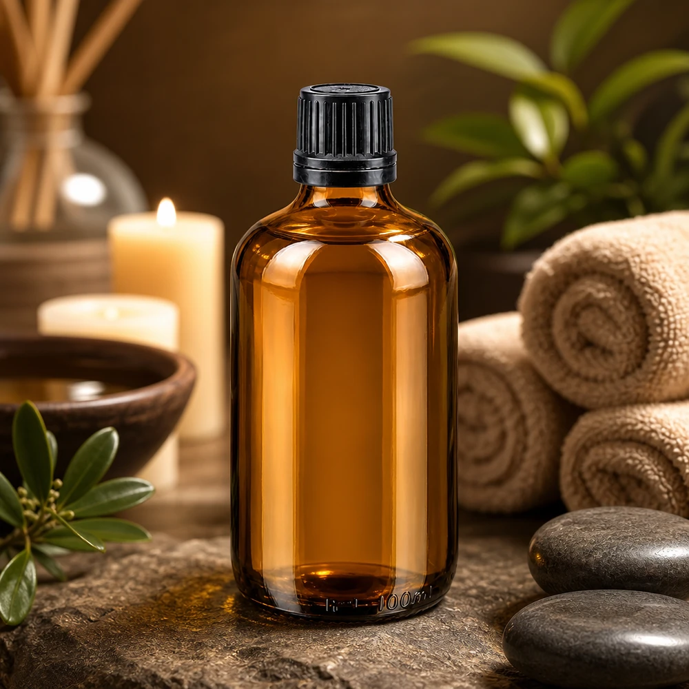 Apoteksflaska brun 100ml skruvlock svart hällring tamper evident stängning 100 ml apotekerglasflaska i bärnstensfärg med svart originalförslutning i en spa-miljö med stearinljus