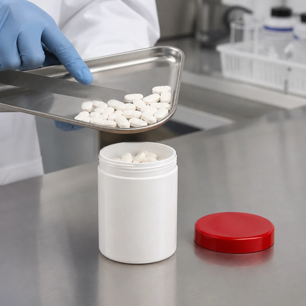 Salvburk 200g vit med rött skruvlock (polypropylen) Vit plastburk på 200 g med öppet rött skruvlock som fylls med tabletter