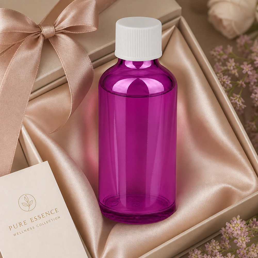 50 ml apoteksflaska i elegant violett glas med barnsäkert vitt lock
