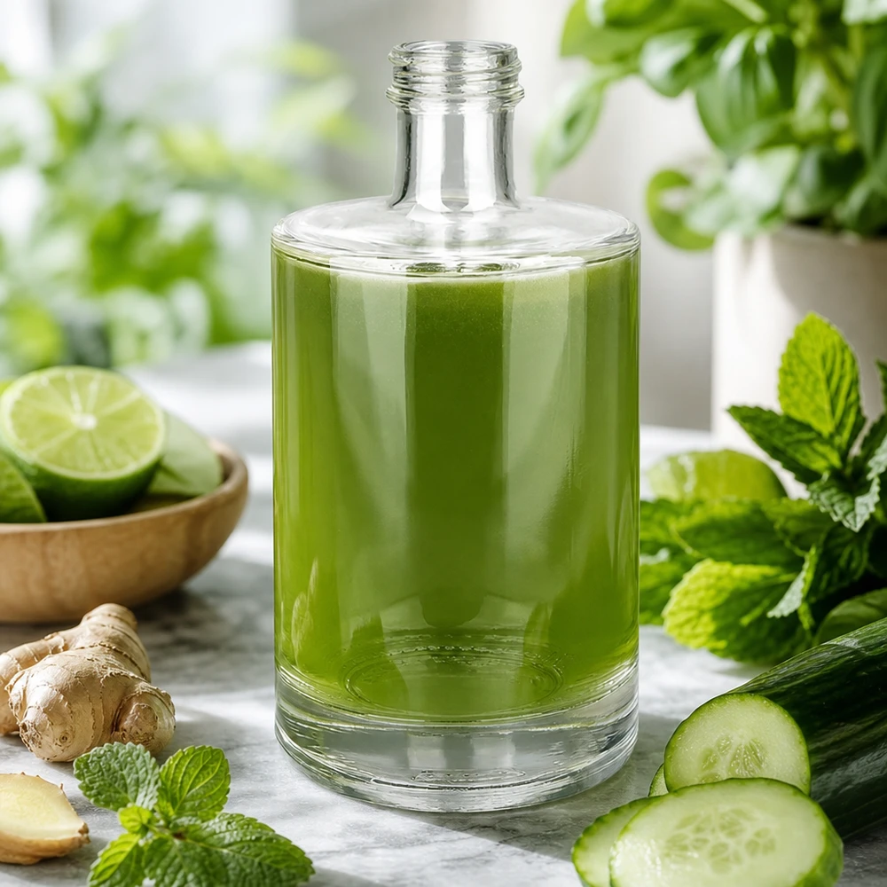500 ml glasflaska Sam fylld med grön smoothie omgiven av färska ingredienser mynta gurka ingefära lime