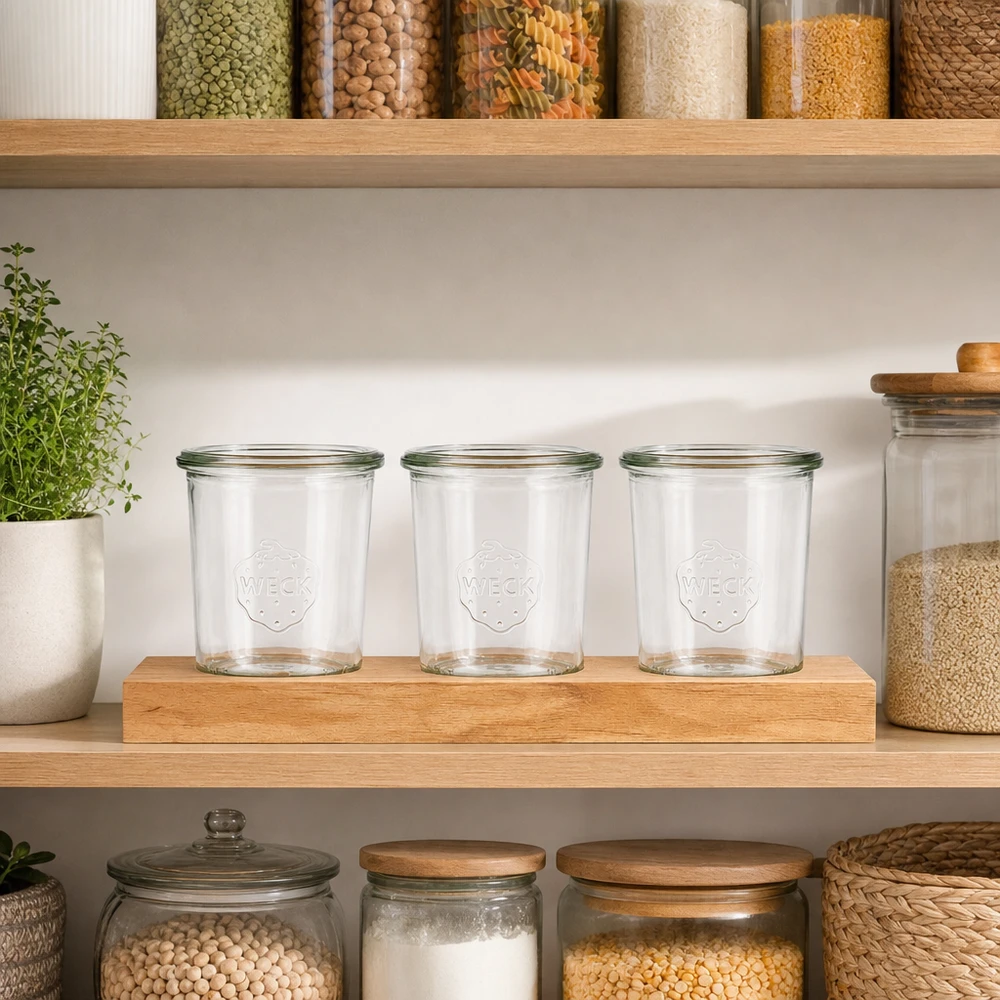 Serveringsbricka Plano3 med 3 Weck-burkar à 160 ml Weck drinkglas 160ml tomma på serveringsbräda Plano3 i organiserad förvaring kök med kryddbehållare