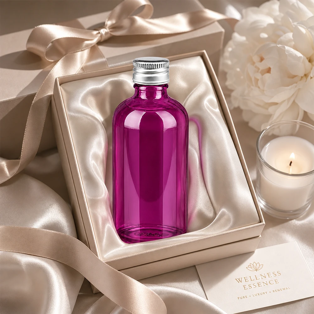 100 ml flaska. 11mm skruvkork aluminium-silver standard PurpleLine. UT18/100 Elegant 100 ml violett glasflaska med 11 mm öppning, perfekt för lyxiga hälsopresenter