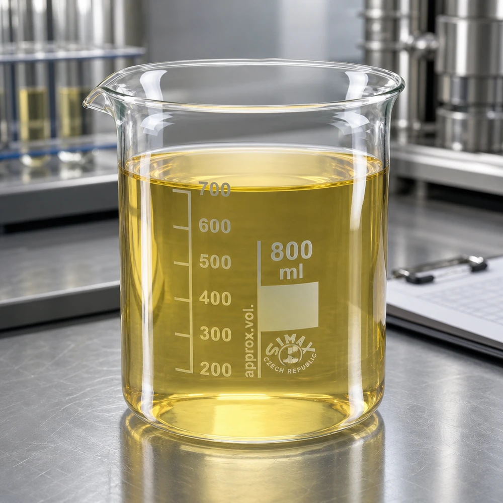 Laboratoriebägare 800ml av robust borosilikatglas med gul testvätska på laboratoriebänk