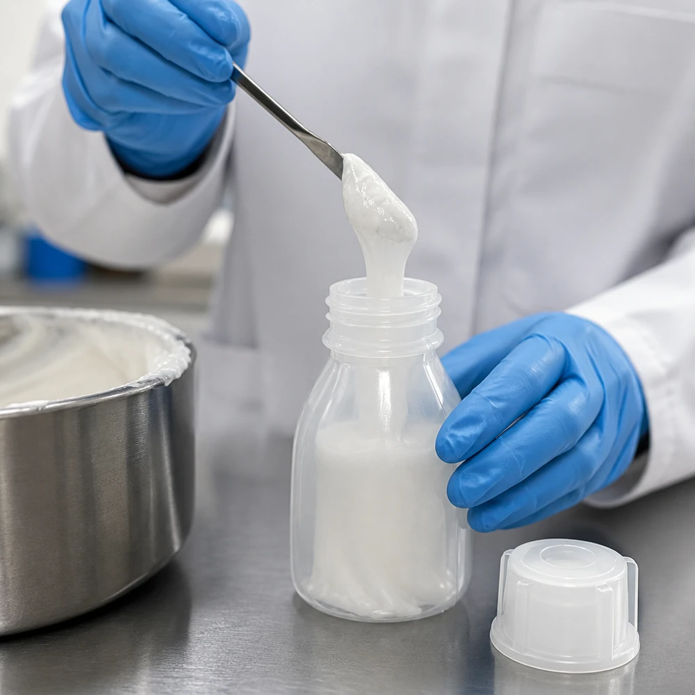 10ml skruvflaska, laboratorieflaska med smal hals En laboratorietekniker fyller med en spatel vit kräm i små skruvflaskor med smal hals av PP i laboratoriet