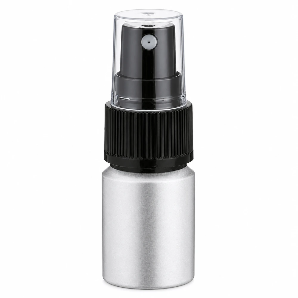 10ml flaska i betad aluminium med atomiser 10 ml aluminiumflaska med svart pumpspruta för parfym och kosmetika