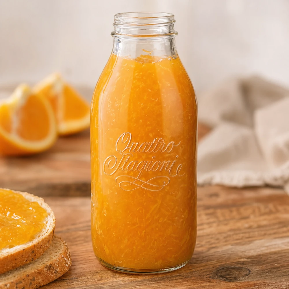 1000 ml bredhalsad flaska Quattro Stagioni med färsk apelsinjuice på ett träbord med apelsinskivor