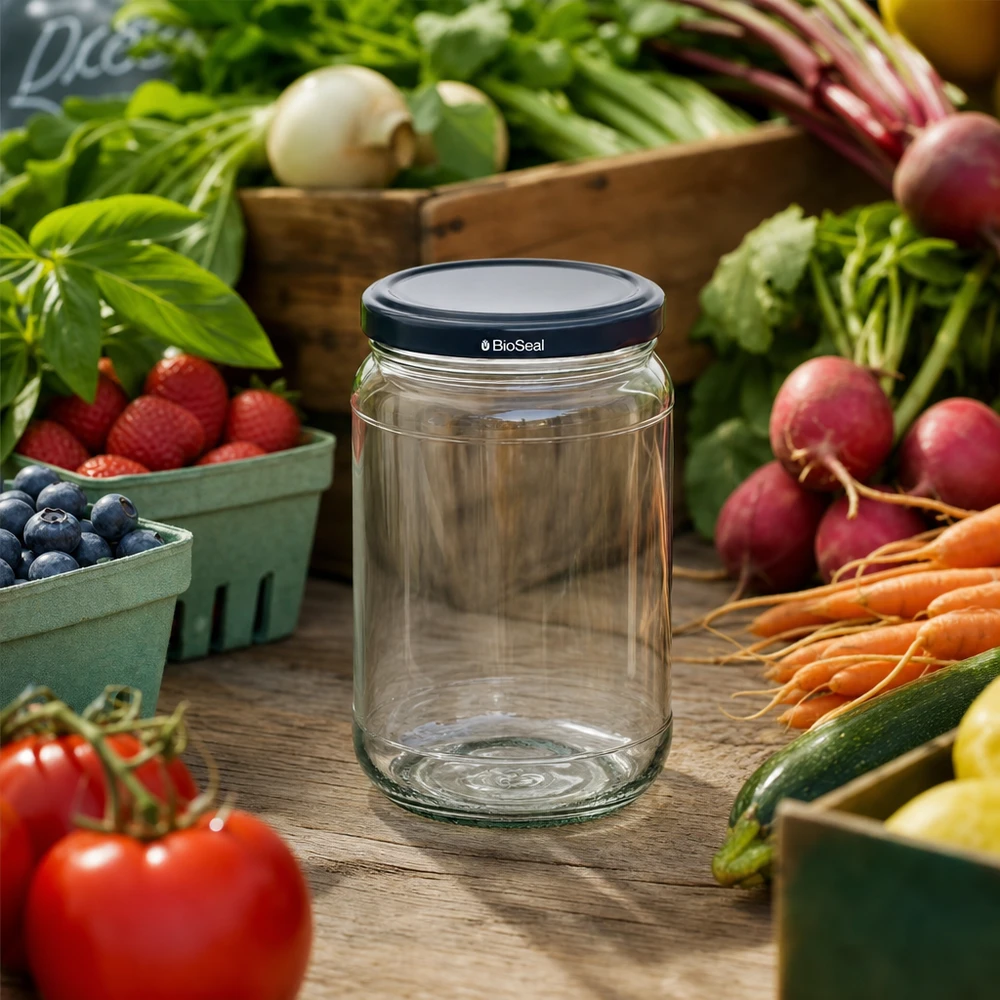305ml rund burk + BioSeal-lock svart UNiTWIST UNiTWIST Runda305 Vorratsglas mit schwarzem BioSeal Deckel inmitten frischem Marktgemüse und Obst auf Holztisch