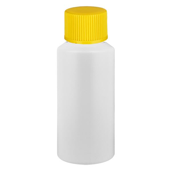 Apoteksflaska HDPE 30ml vit, med gult skruvlock Apoteksflaska HDPE 30ml vit, med gult skruvlock