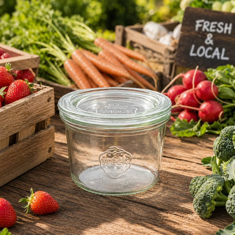 80 ml burk med glaslock WECK RR60 WECK mugg 80ml RR60 omgiven av färska grönsaker frukt på träbord Farmers Market Fresh Local skylt