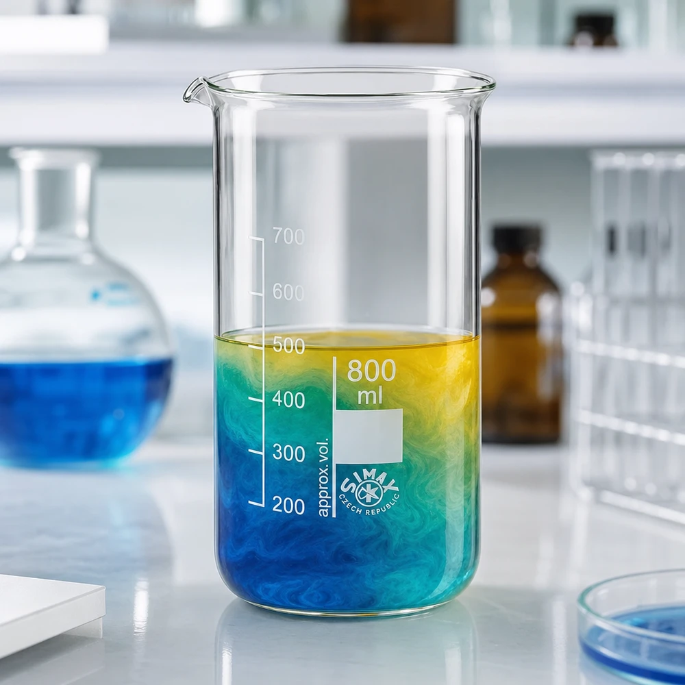 800 ml högt begerglas med en färggradient från blått till gult i laboratoriet