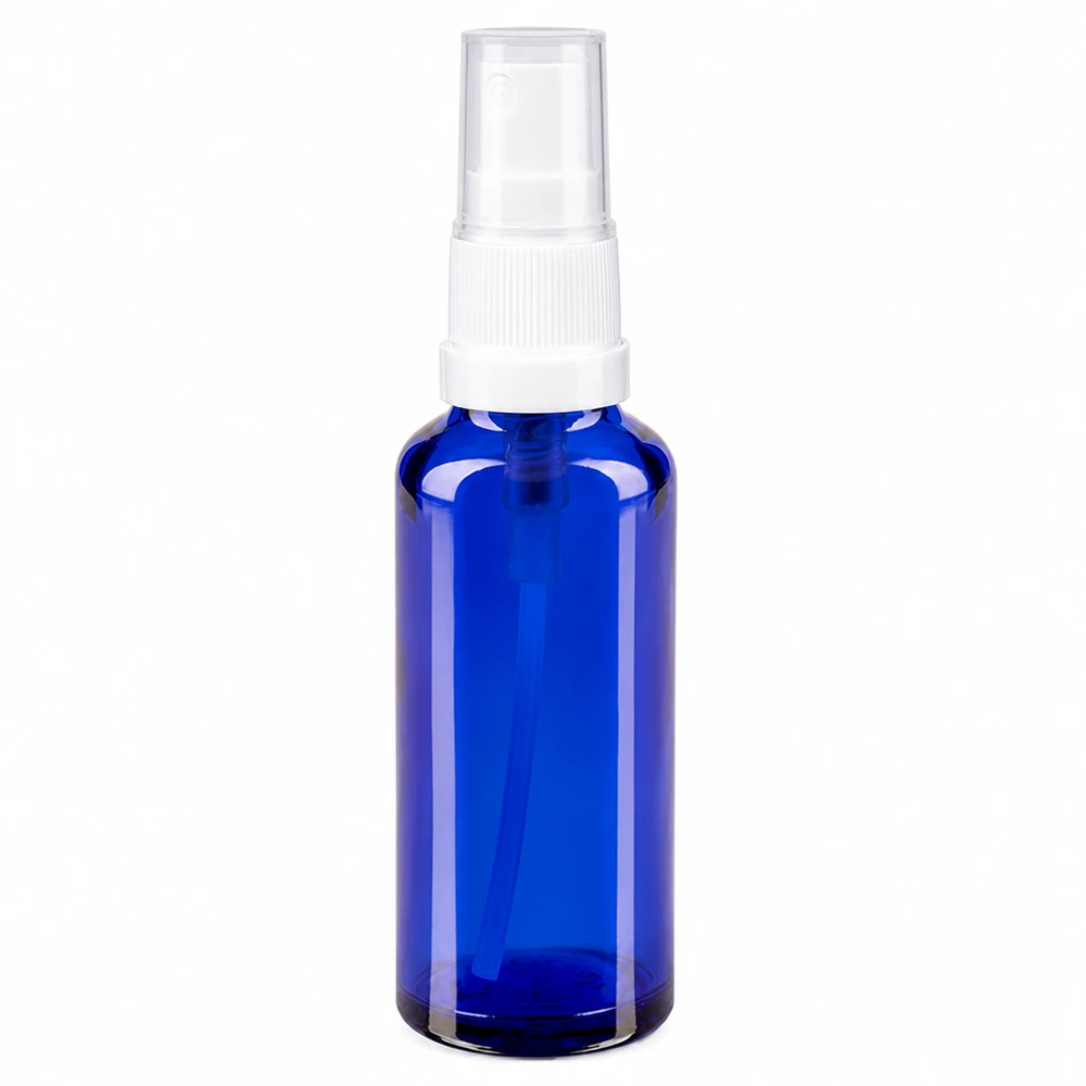 Apoteksflaska blå 10ml med svart spraylock 10 ml blå apoteksglasflaska med vit spruthuvud och genomskinligt skyddslock