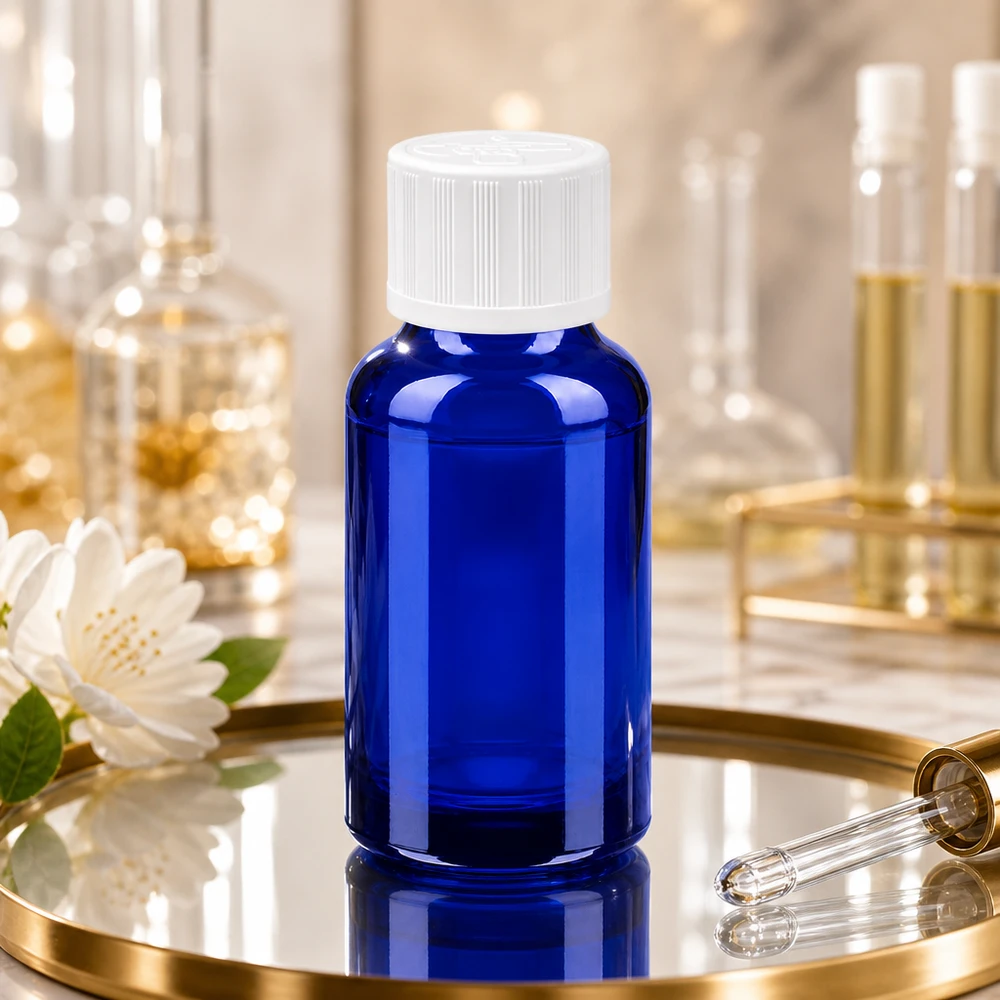 20ml flaska 11mm skruvkork vit standard förslutning BlueLine UT18/20 20 ml BlueLine-glasflaska med droppsats för exakt dosering av essenser och tinkturer