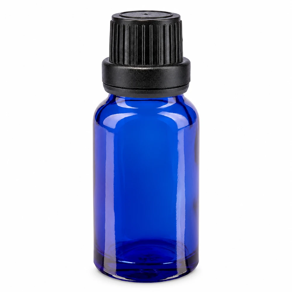 Apoteksflaska blå 10ml dropplock hällring 2mm svart manipuleringssäkert lock 10 ml blå glasflaska med svart originalförslutning och 2 mm droppinsats av apoteksglas