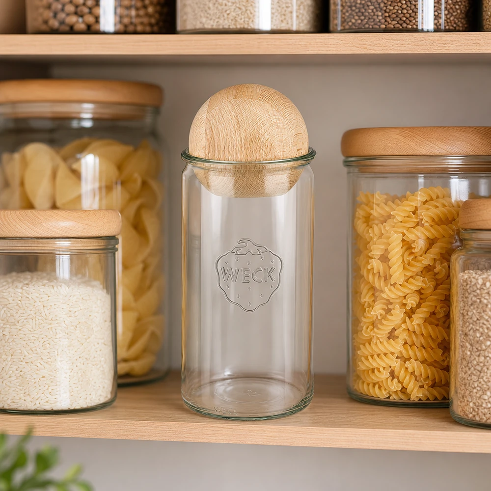 1590ml cylinderburk WECK RR100 med bokträkula WECK cylinderburk 1590ml RR100 med träkula i ett organiserat förvaringskök bredvid ris, pasta och andra livsmedel