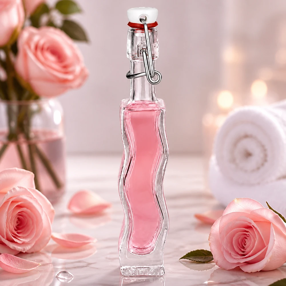 40 ml Anna-glasflaska med rosa vätska i en romantisk miljö med rosor och mjuka pastellfärger