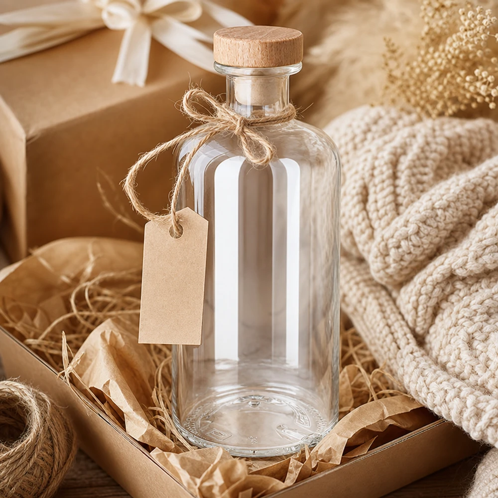 500 ml Flora-glasflaska med träkork och presentetikett i rustik presentförpackning med jutesnöre