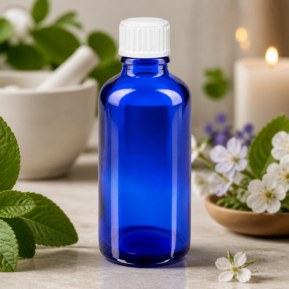 Apoteksflaska blå 50ml skruvkork vit standard Blå glasflaska på 50 ml med vitt skruvlock bland färska örter och blommor