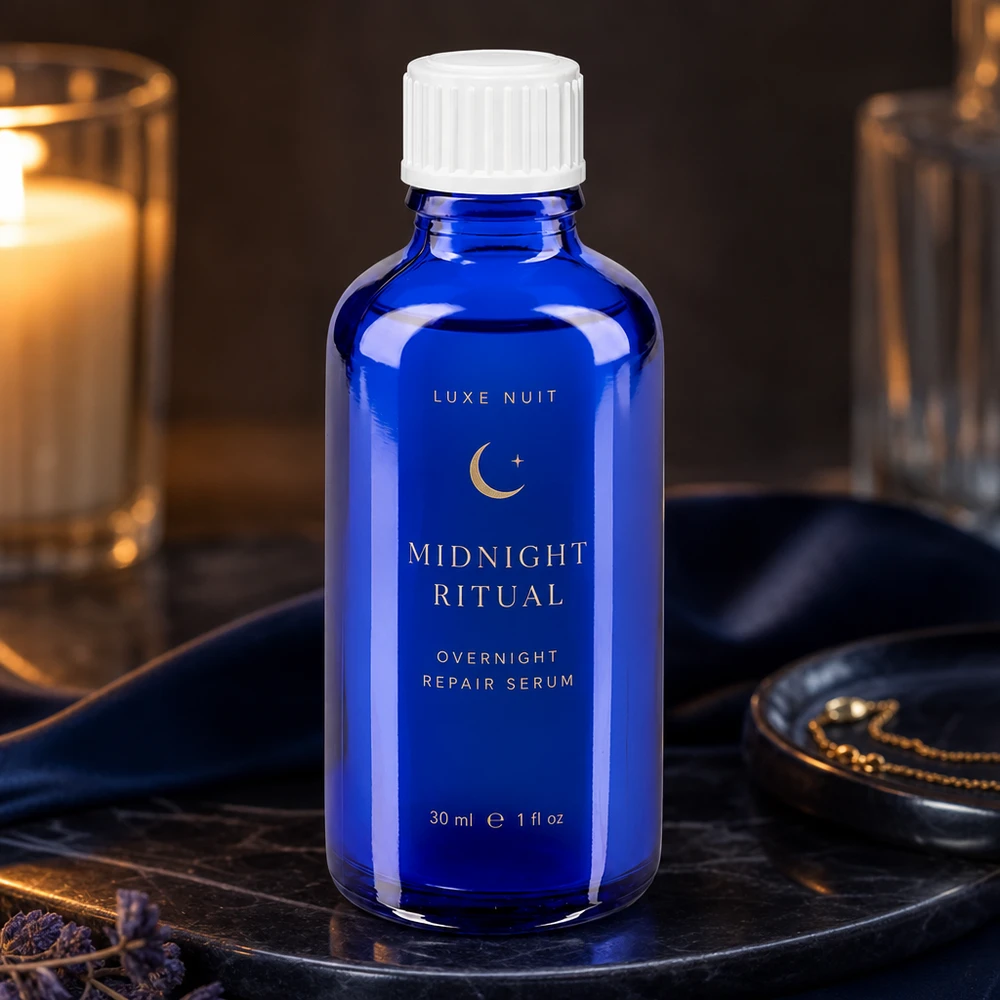 Koboltblå glasflaska på 30 ml med vitt skruvlock, avsedd som serumflaska för naturkosmetik