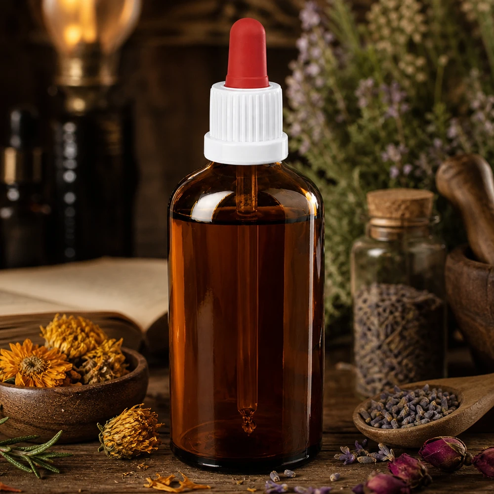 100 ml pipettflaska vit/röd med säkerhetsförslutning BrownLine UT18/100 100 ml laboratorieflaska med röd silikonpipett och vitt lock för aromaterapiextrakt