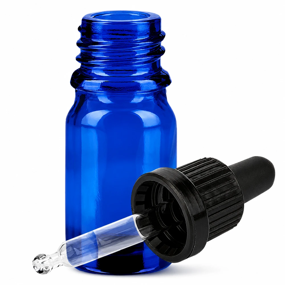 Blå glasflaska 5ml med pipett och svart dropplock OV BlueLine UT18/5