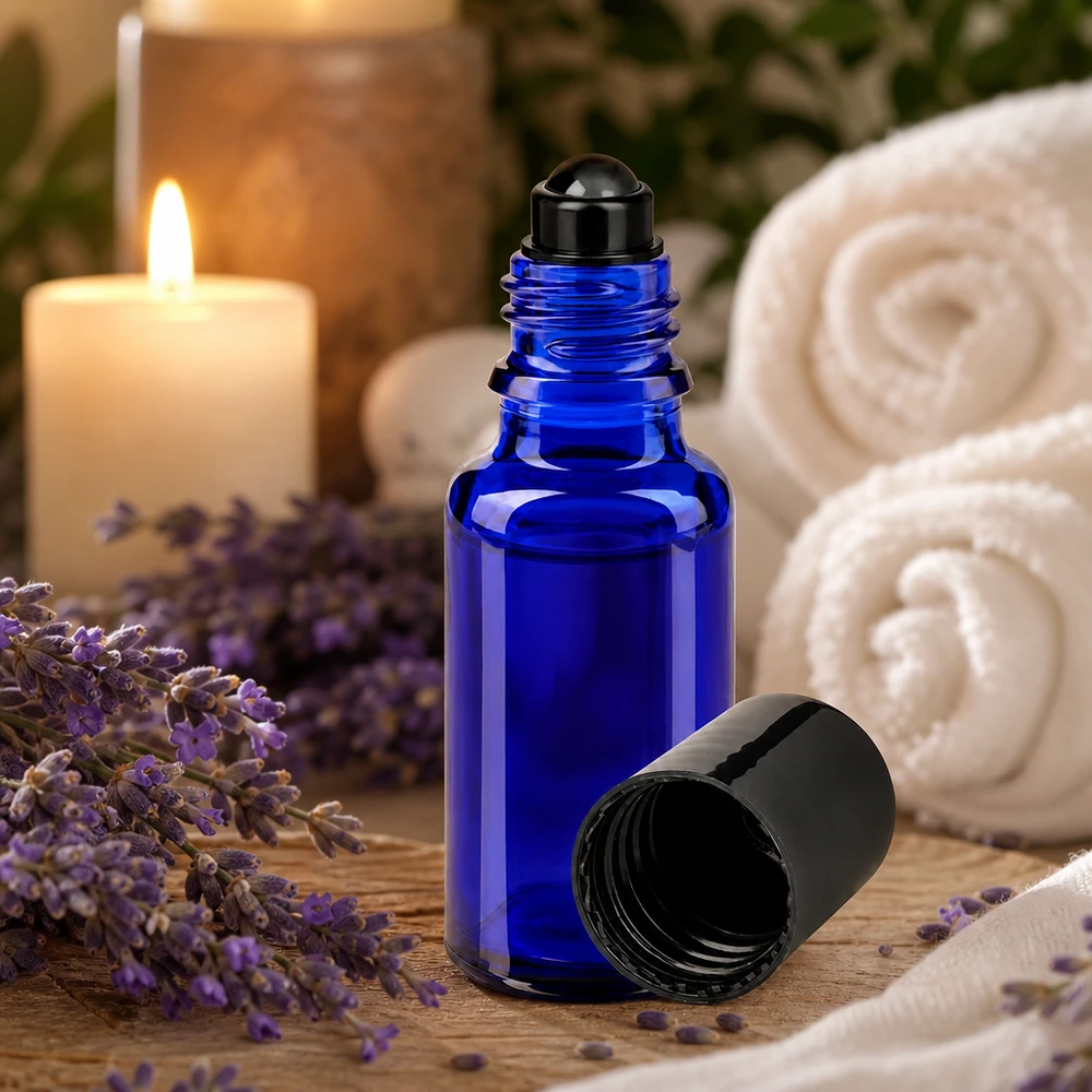 20 ml roll-on-flaska i blått glas med lavendel och ett ljus i spa-miljö