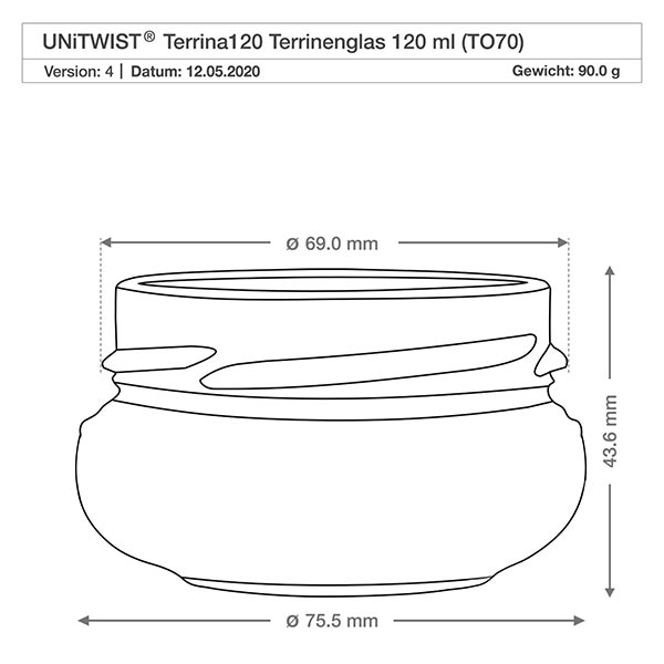120ml terrinburk utan lock (TO70) UNiTWIST UNiTWIST Terrina120 terrin glas 120ml TO70 med teknisk ritning och mått 69mm diameter 43,6mm höjd