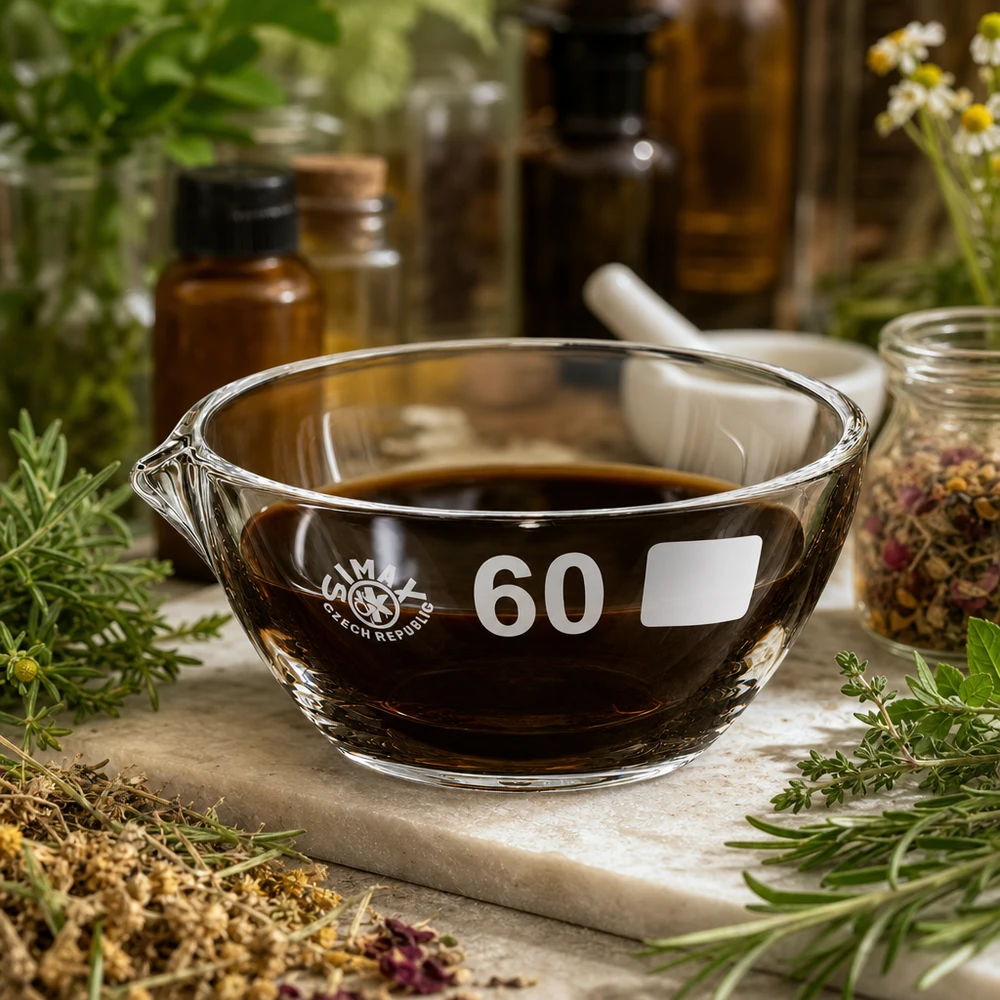 45ml indunstningsskål med pip borosilikat ø60mm Liten 45 ml indunstningsskål i borosilikat ø60 mm med pip för mikroprover och små mängder