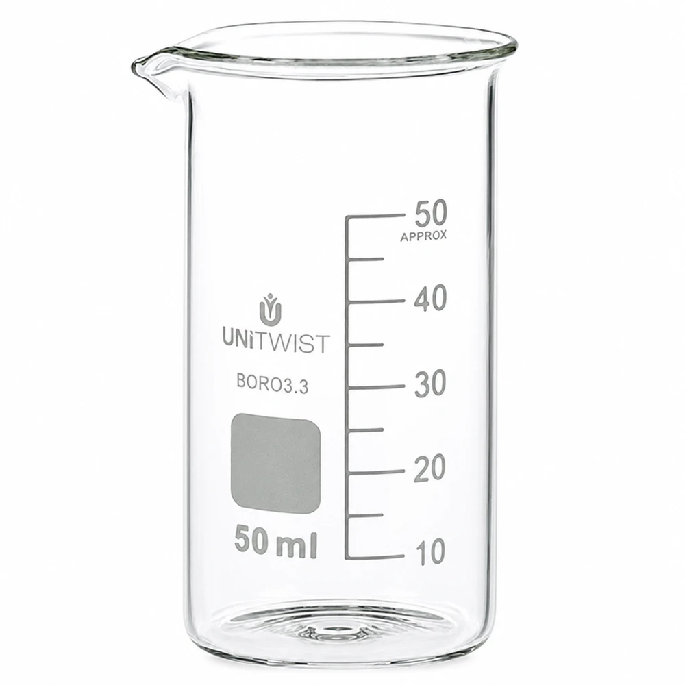 50 ml högt bägarglas av borosilikatglas från UNITWIST med milliliterskala upp till 50 ml