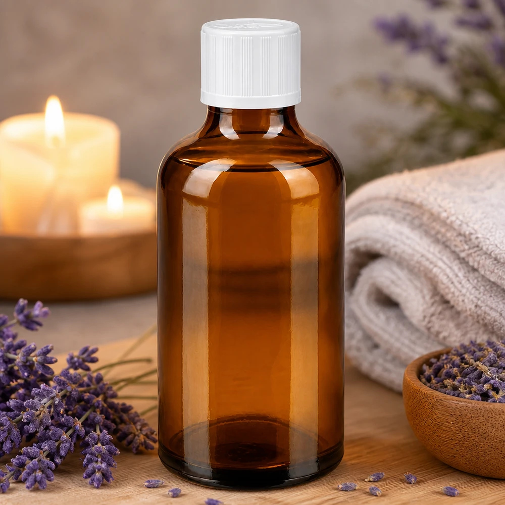 Brun apotekarflaska på 50 ml med vitt barnsäkert lock bredvid lavendelblommor och ljus