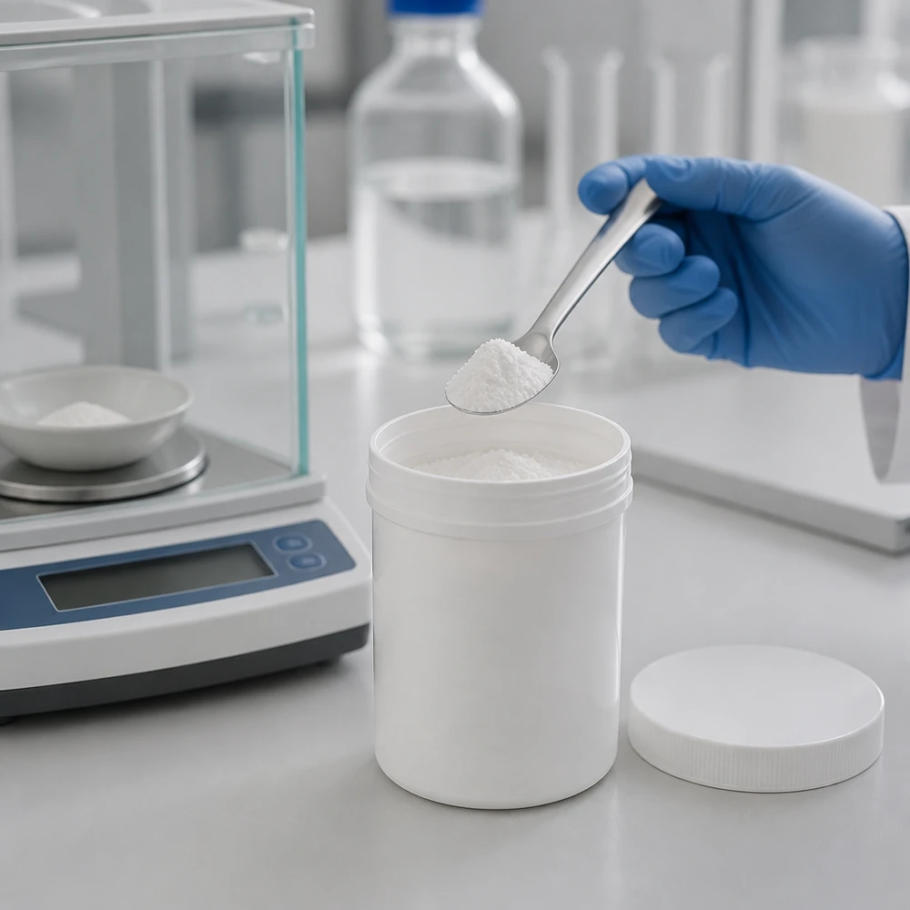 Salvburk 150g vit med vitt skruvlock (polypropylen) Laboratoriefoto av en öppnad vit 150 g-salvburk av polypropen bredvid en precisionsvåg