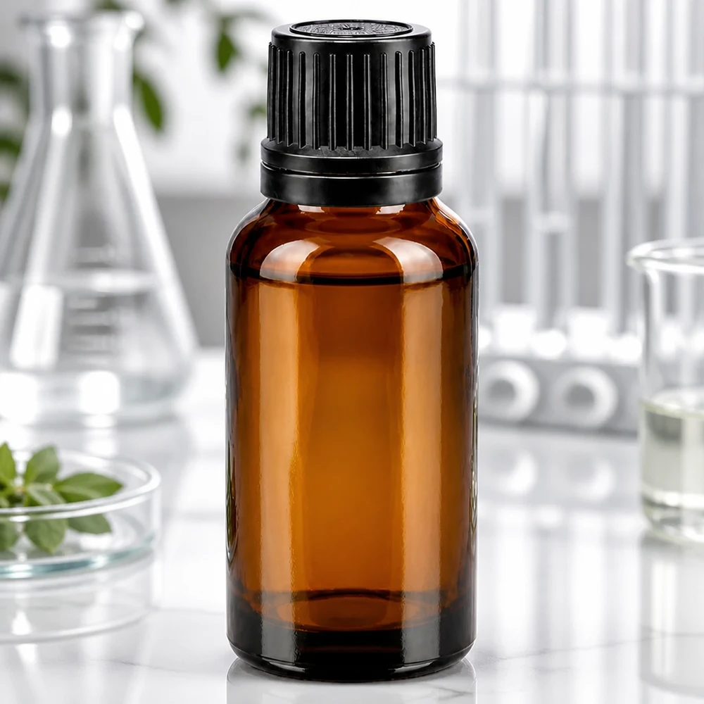 Apoteksflaska brun 20ml skruvkork svart hällring tamper-evident stängning Liten brun glasflaska, 20 ml, med barnsäker skruvkork i svart för laboratoriebruk
