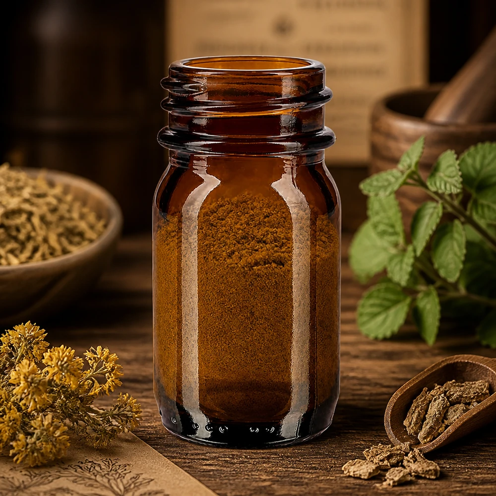 30ml flaska med bred hals, bärnstensfärgat glas Liten 30 ml flaska med vid hals av högkvalitativt bärnstensfärgat glas för pulver och granulat