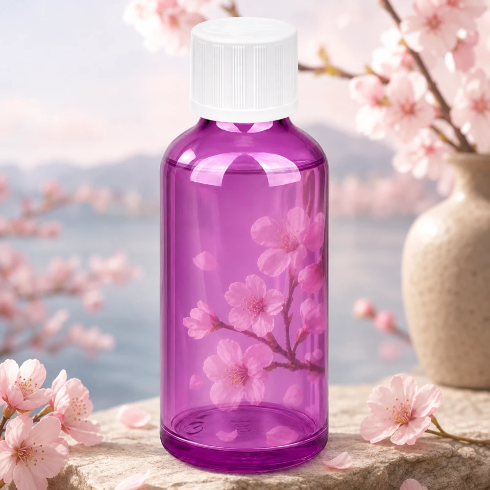 Liten 50 ml droppflaska i violett transparent med 1,2 mm öppning för aromaterapitillämpningar
