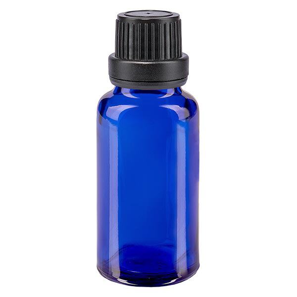 Apoteksflaska blå 20ml skruvlock svart tätningsinsats manipuleringssäker förslutning Apoteksflaska blå 20ml skruvlock svart tätningsinsats manipuleringssäker förslutning