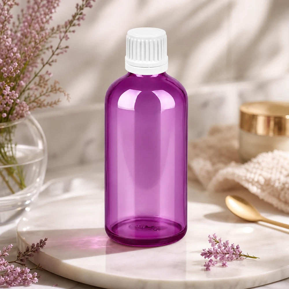 100ml flaska 11mm skruvkork vit Originality skruvkork PurpleLine UT18/100 Högkvalitativ 100 ml glasflaska i transparent violett med vitt lock för DIY-kosmetika