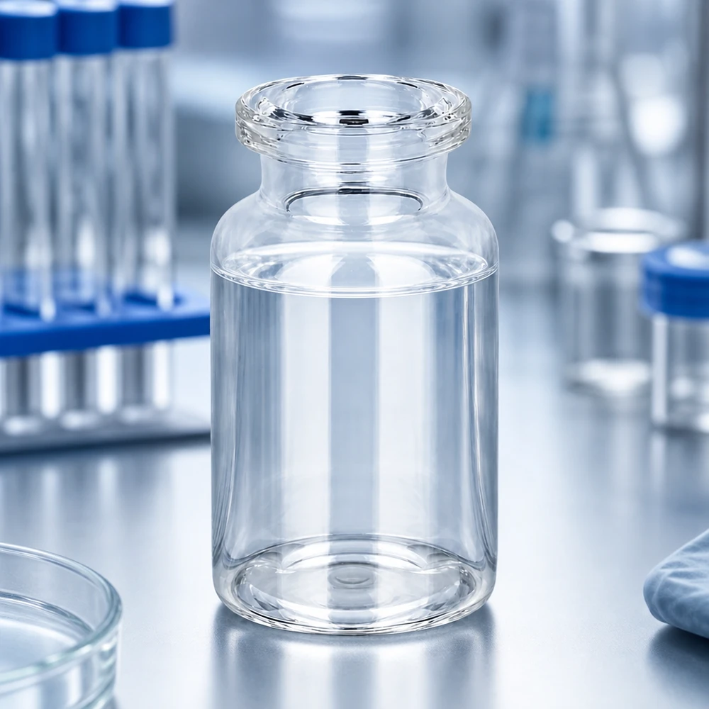 Injektionsflaska av klarglas 10ml Injektionsflasche Klarglas 10ml im GMP-Labor neben Zentrifugenröhrchen und Petrischalen