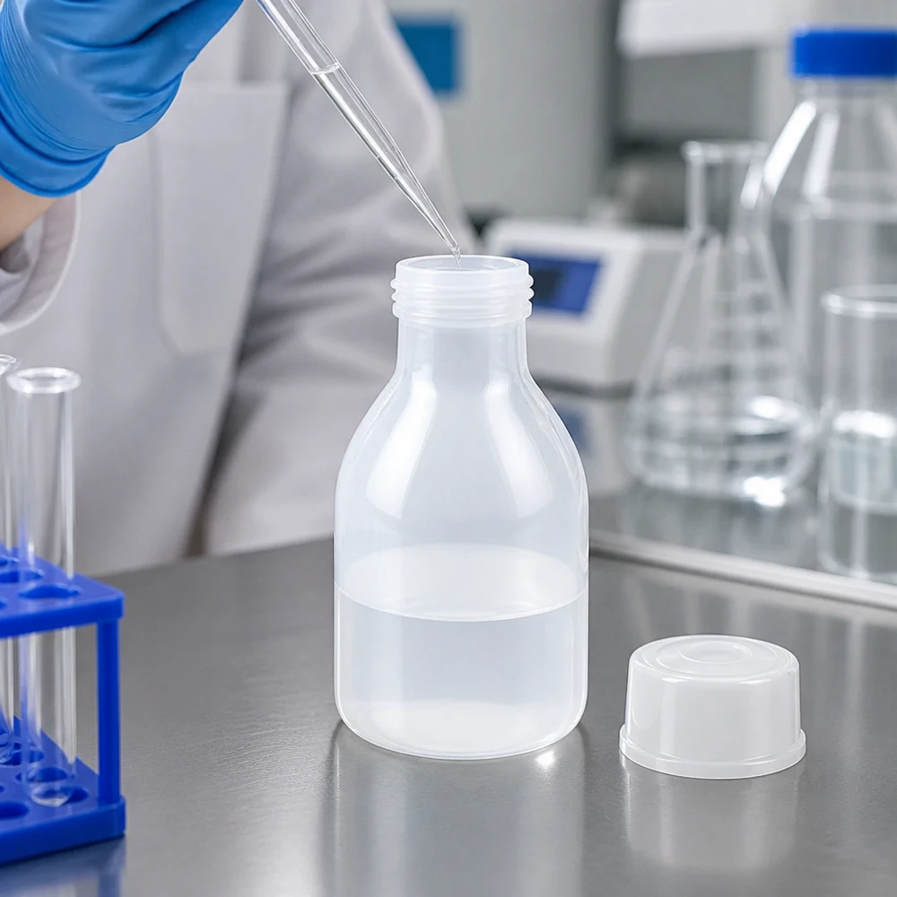 20ml skruvflaska, laboratorieflaska med smal hals Laboratorietekniker fyller en 20 ml skruvflaska med smal hals av PE med hjälp av en pipett på en yta av rostfritt stål